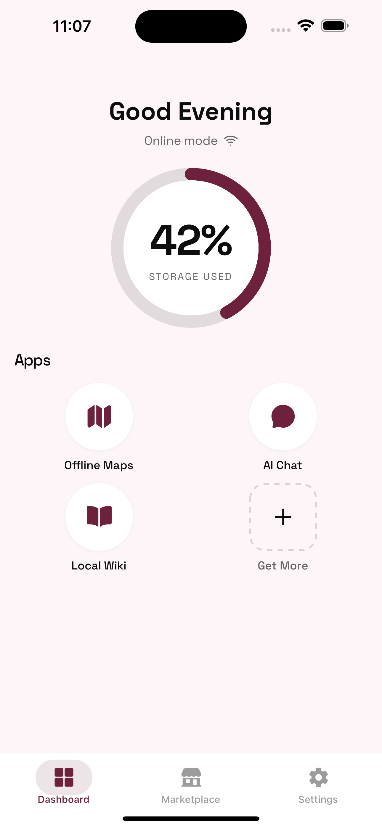 OfflineHub mobile app dashboard showing storage usage and offline apps
